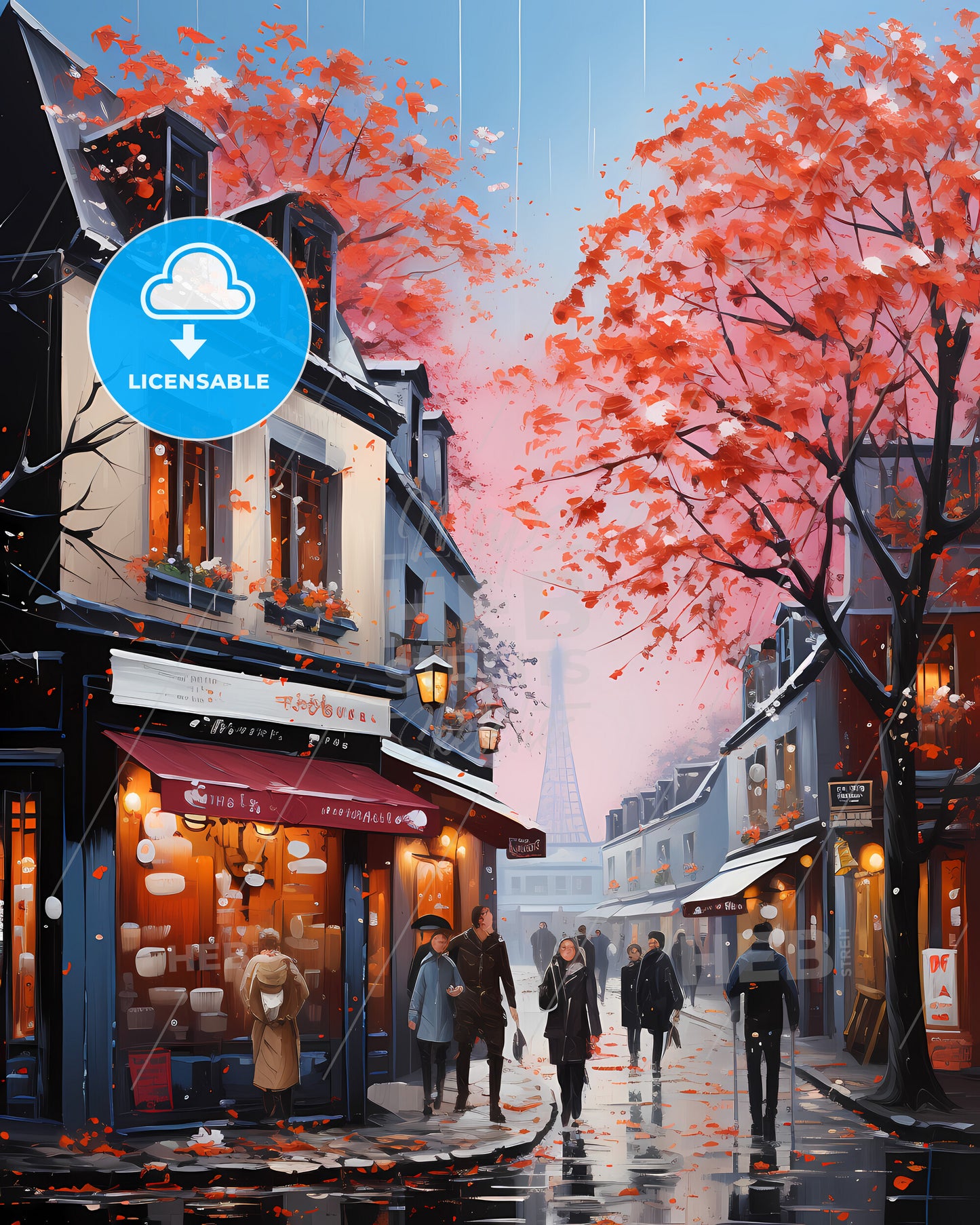 Paris, France - A Group Of People Walking On A Street With Buildings And Trees