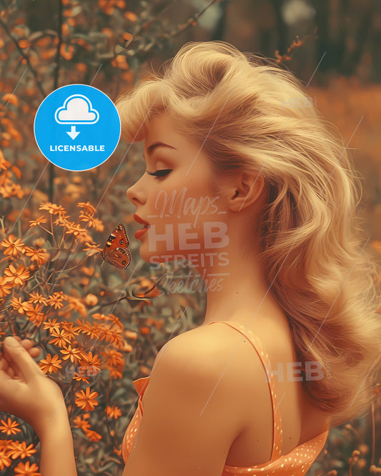 Playful Scene Of A Retro Housewife - A Woman With Blonde Hair And A Butterfly On A Flower