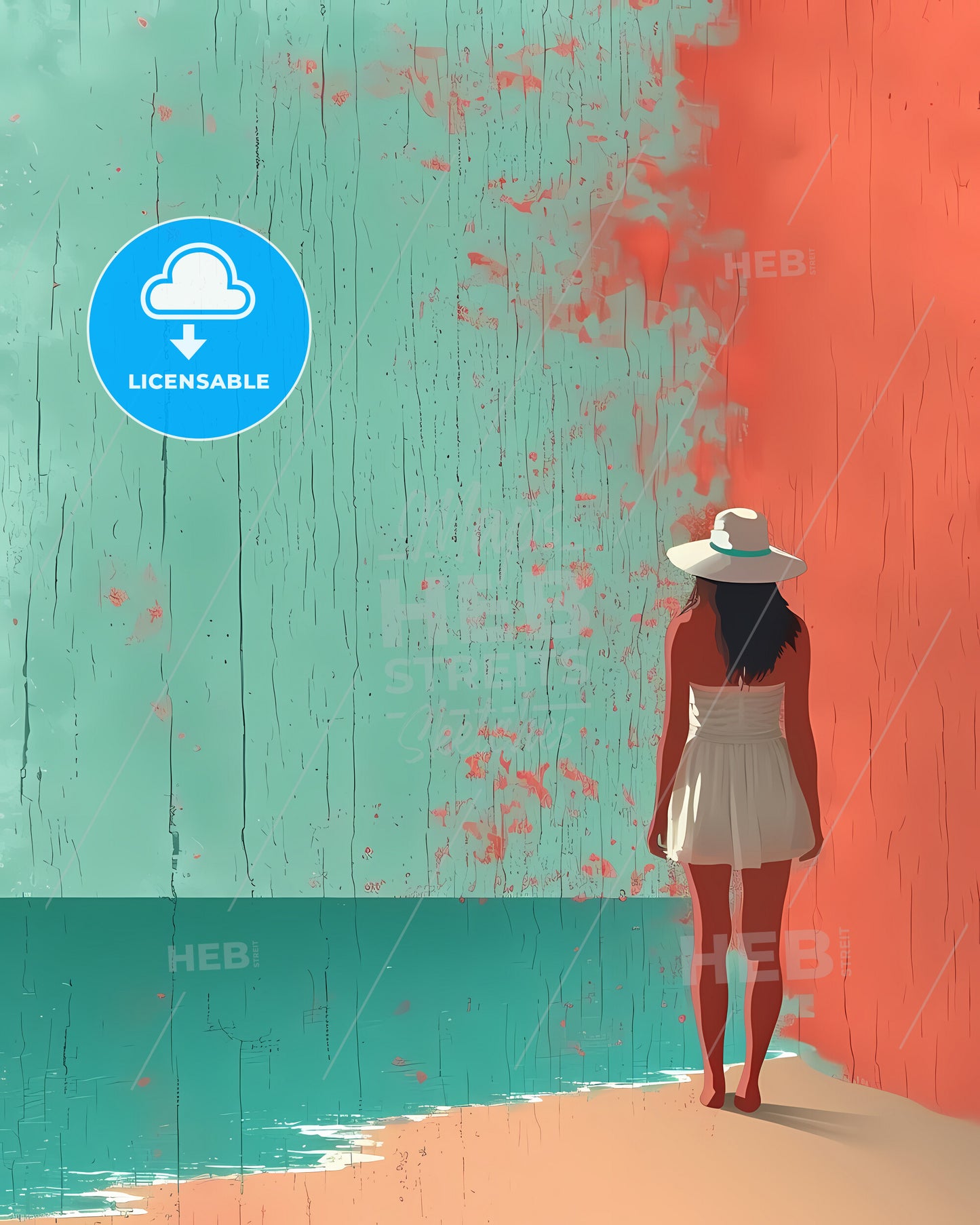 Illustration Of International Labor Day - A Woman In A White Dress And Hat Standing On A Rock