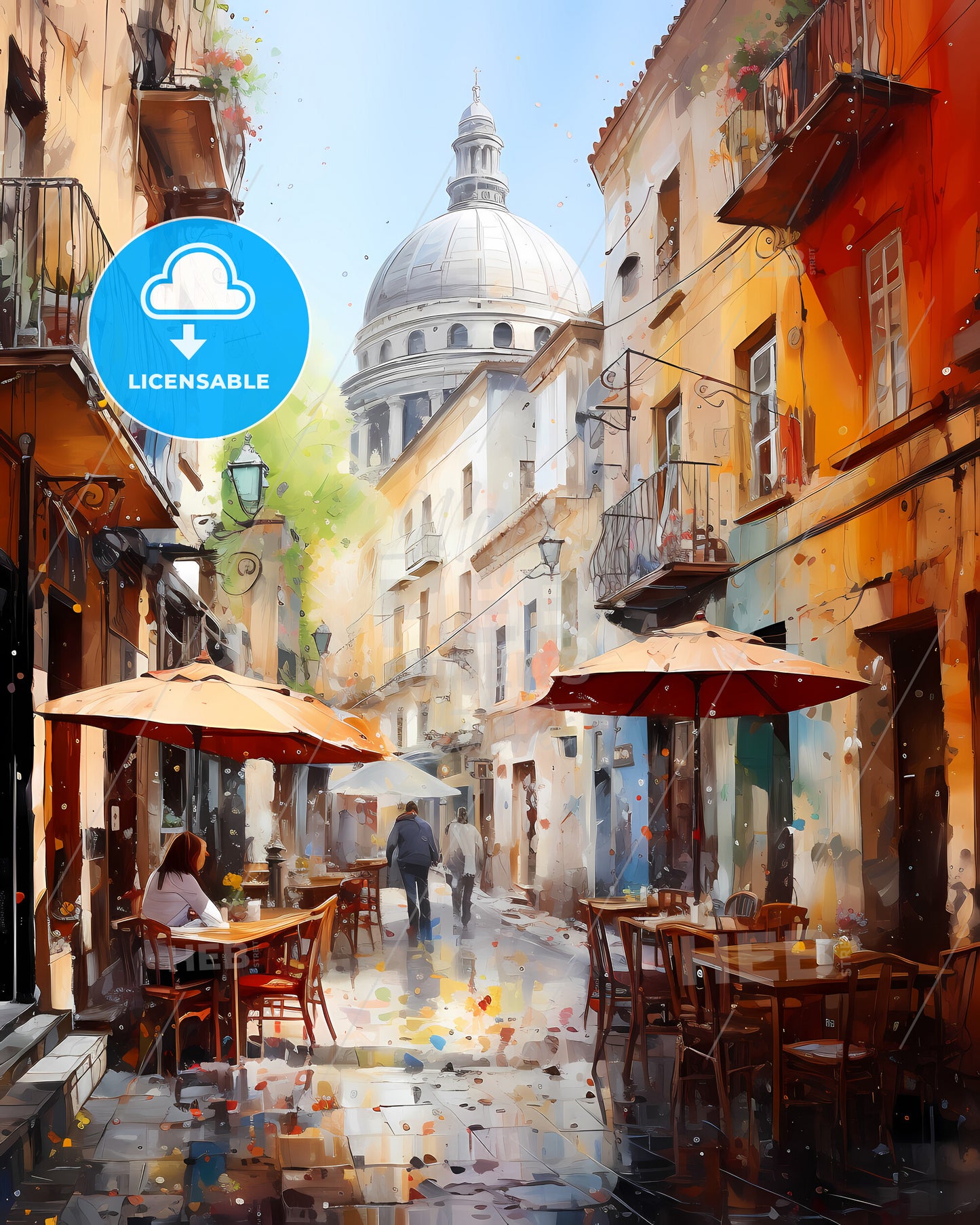 Nîmes, France - A Street With Tables And Umbrellas In A City