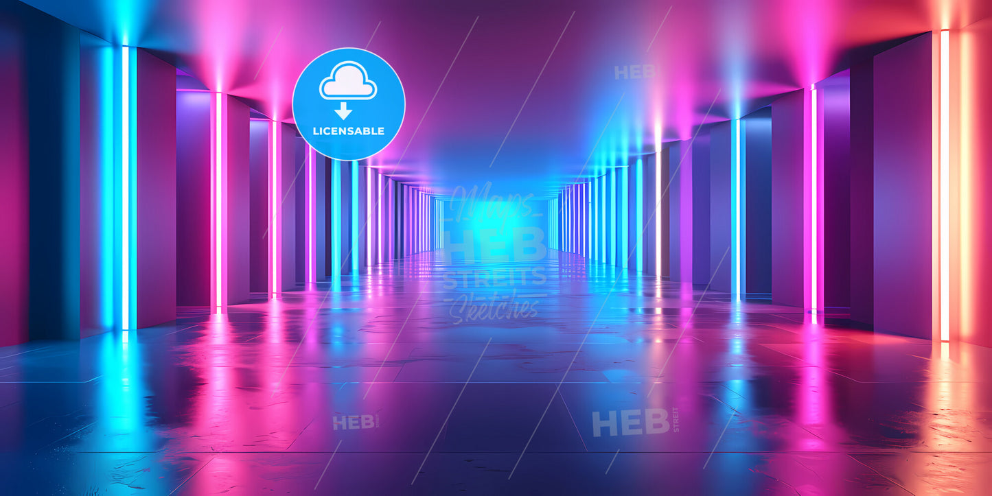 Abstract Futuristic Neon Background, Glowing Lines, Triangular Tunnel, Corridor, Ultraviolet Neon Light, Empty Space - A Hallway With Colorful Lights