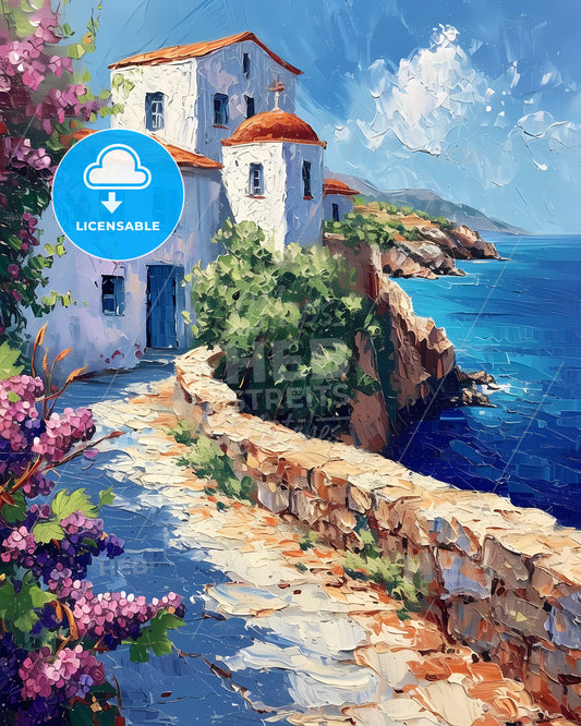 Crete, Greece - A Painting Of A Building On A Cliff By The Ocean