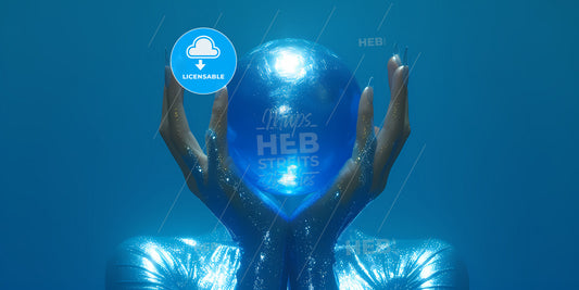 Abstract Metallic Hands Hold Glass Ball With Light, Isolated On Dark Blue Background - A Person Holding A Blue Ball Under Water