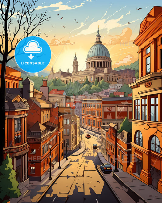 Derby, England - A City Street With A Dome And Buildings