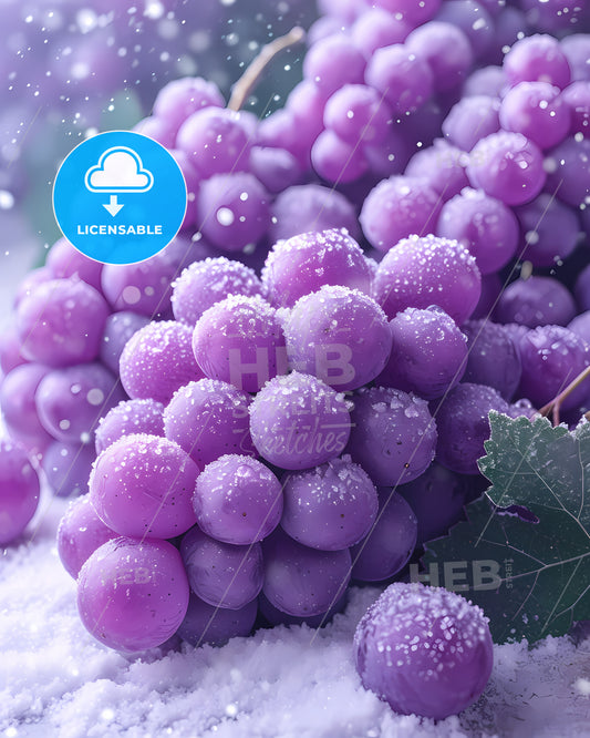 A Bunch Of Purple Grapes Covered In Snow - A Bunch Of Purple Grapes With Leaves And Snow