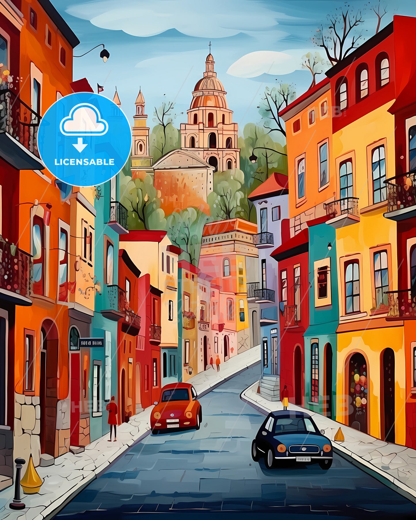 Gothenburg, Sweden, - A Painting Of A Street With Buildings And Cars