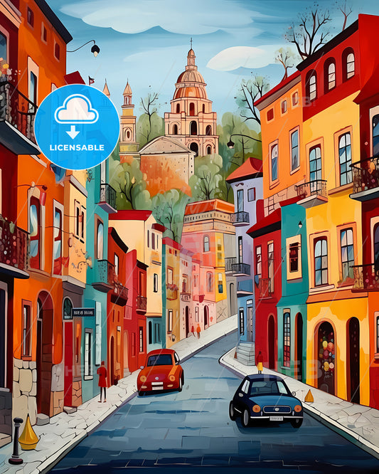 Gothenburg, Sweden, - A Painting Of A Street With Buildings And Cars