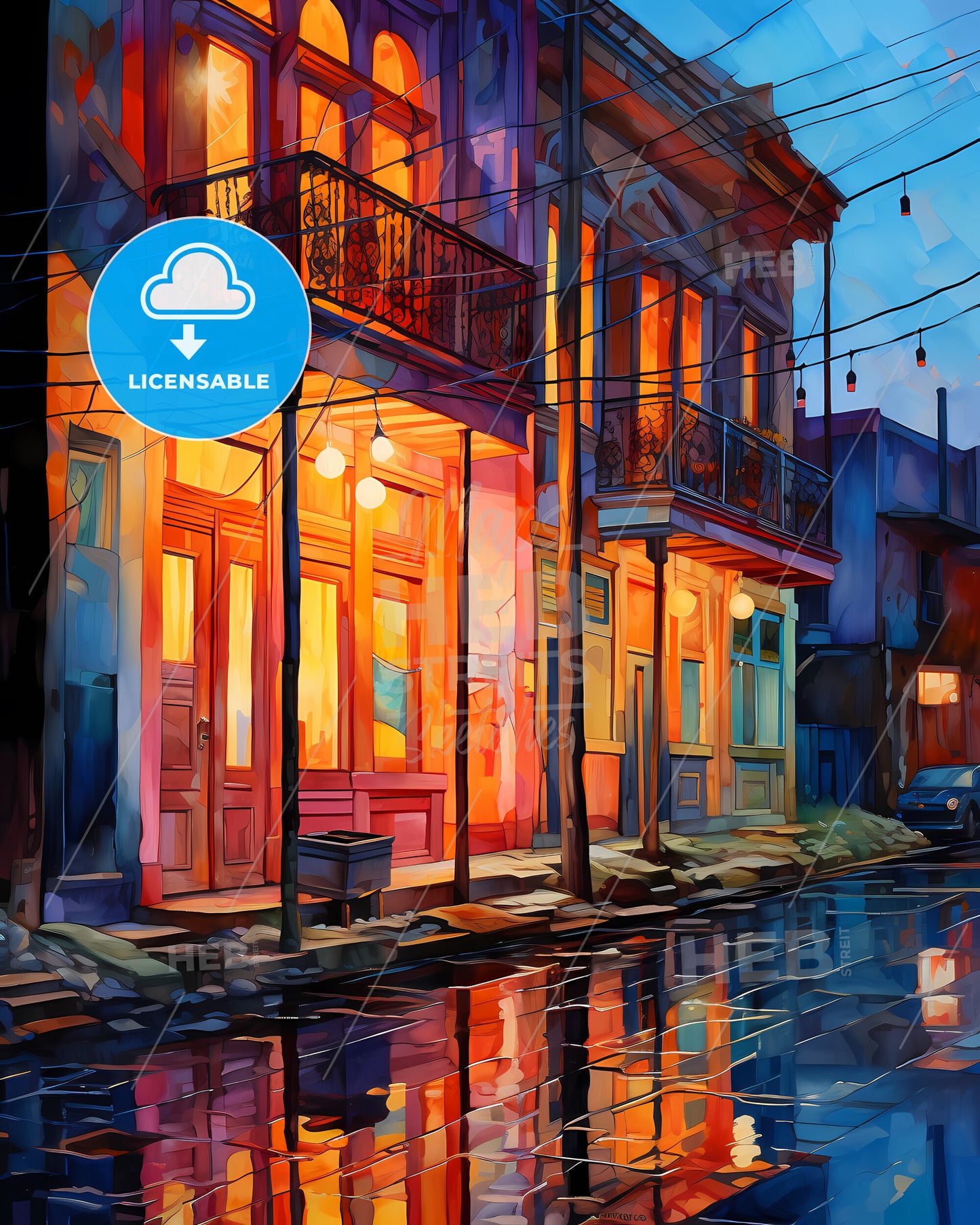 Thessaloniki, Greece - A Watercolor Of A Street With Buildings And A Reflection Of A Car