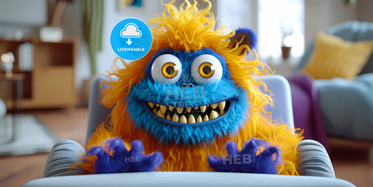 Colorful Cartoon Character Furry Monster Sits In Comfortable Armchair - A Blue And Orange Furry Monster