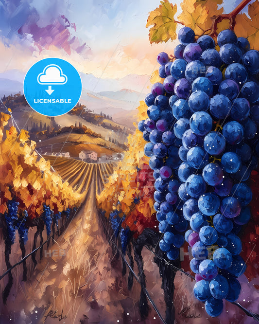 Piedmont, Italy - A Painting Of A Vineyard With Grapes