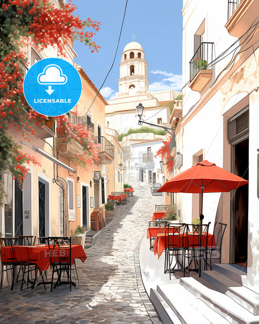 Messina, Italy - A Street With Tables And Chairs And Red Umbrellas