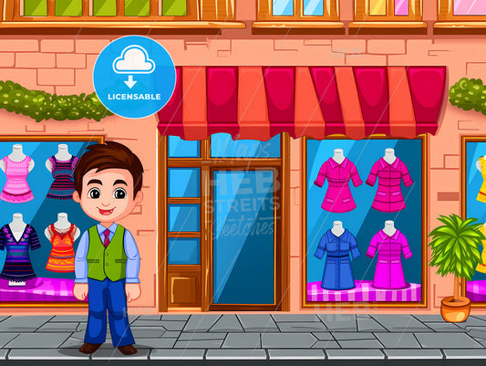 A Businessman Is Inspecting His Shop In The Mall - A Cartoon Of A Boy Standing In Front Of A Store