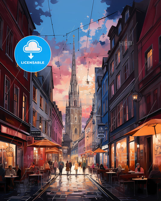 München, Germany - A Street With People And Tables In Front Of A Tall Tower