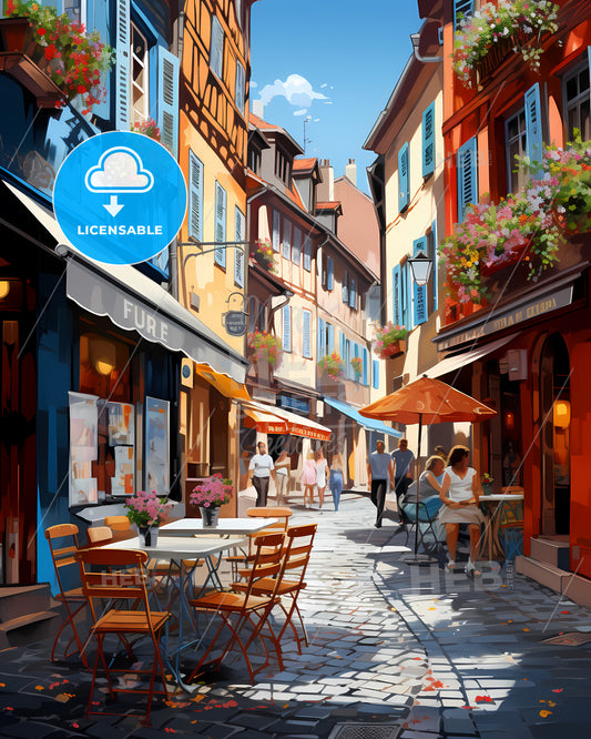Mulhouse, France - A Street With Tables And Chairs And People On It