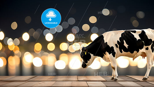 Cow Walking On A Wooden Table, In The Style Of Bokeh Panorama, Organic Shapes - A Cow Standing On A Wood Surface