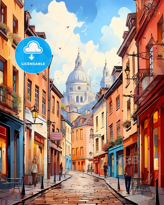 Birmingham, England - A Street With Buildings And A Dome In The Background