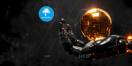Mannequin Hand Holding Golden Ball, Open Palm Gesture Isolated On Black Background - A Robot Holding A Globe