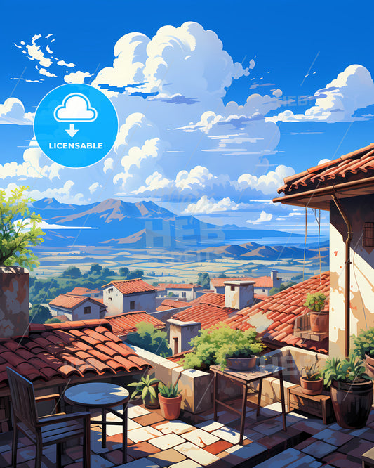 On The Roof Of Komodo Islands, Indonesia - A Rooftops Of A Town With A Valley And Mountains In The Background