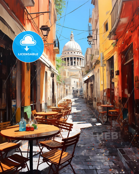 Taranto, Italy - A Street With Tables And Chairs In Front Of A Dome