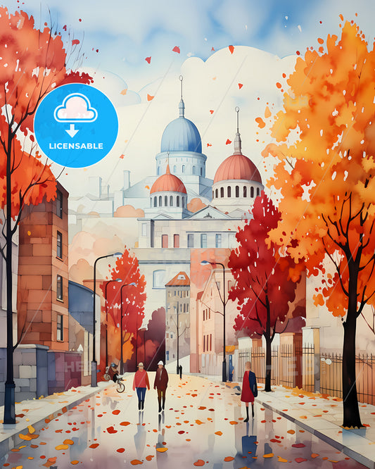 Belgrade, Serbia - A Painting Of A Street With Buildings And Trees