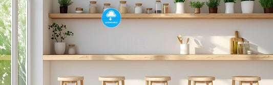 Outstanding Banner For Kitchen Wall Art - A Shelf With Jars And Stools