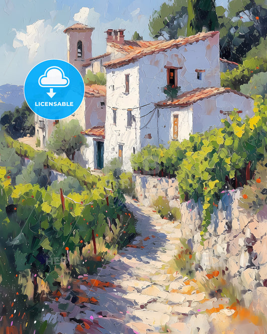 Priorat, Spain - A Painting Of A White Building With A Stone Path And Bushes