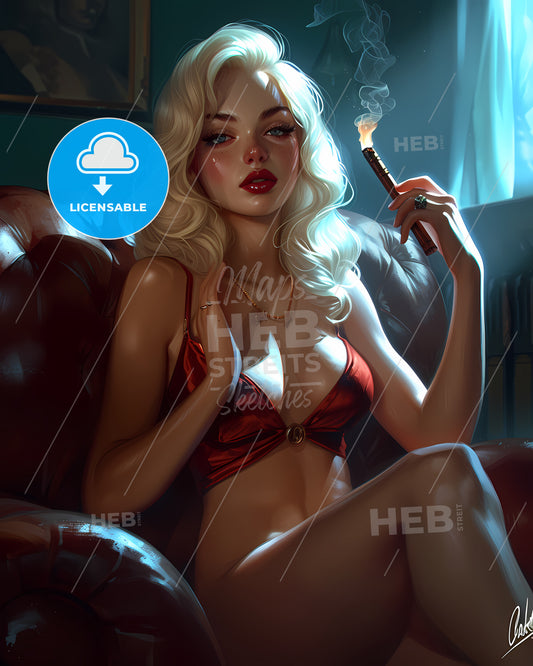 Pin Up Art Topengineering Student From Cal Tech - A Woman Sitting On A Leather Couch Holding A Cigarette