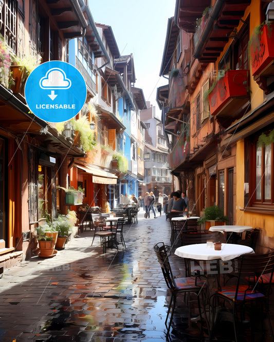 Mulhouse, France - A Street With Tables And Chairs In A City