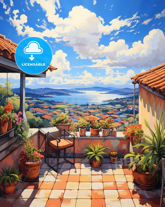 On The Roof Of Bali, Indonesia - A Painting Of A Rooftop With A View Of A City And Water