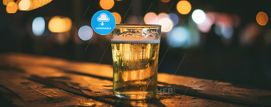 A Photo Of Beer Glas An Empty Very Old Wooden Board Top With A Blurred Shopping Mall In The Background - A Glass Of Beer On A Table