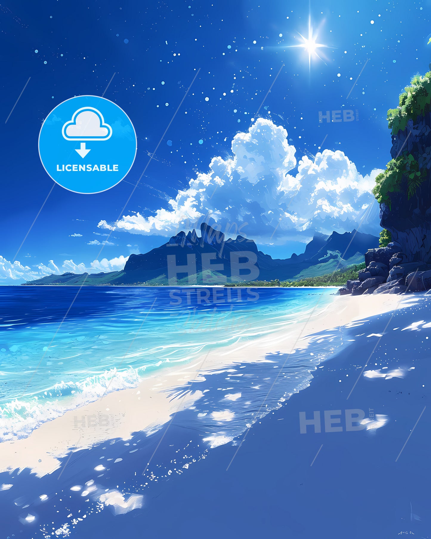 Matira Point Beach - A Beach With A Rocky Cliff And Mountains In The Background