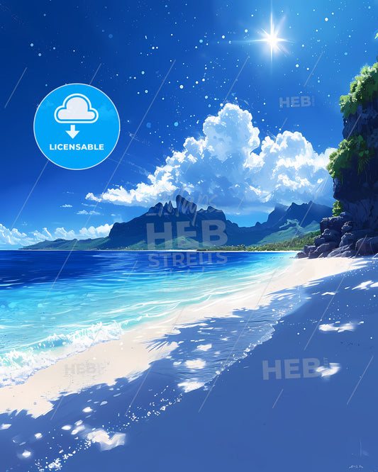 Matira Point Beach - A Beach With A Rocky Cliff And Mountains In The Background