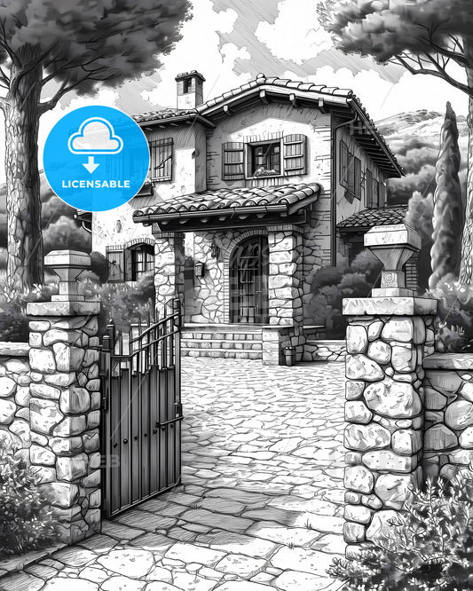 A French Chateau Winery - A Drawing Of A House With A Gate And Trees