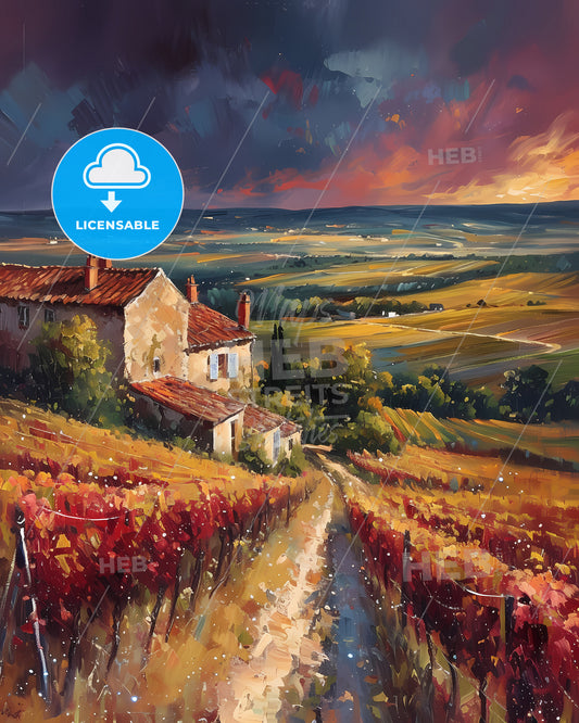 Bordeaux, France - A Painting Of A House In A Vineyard