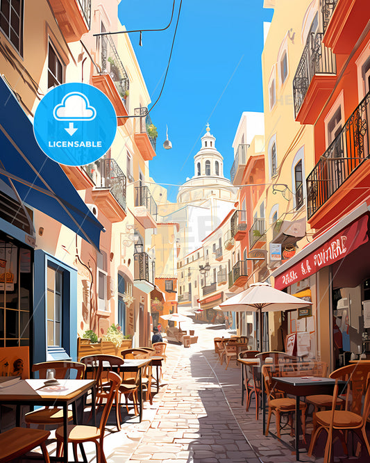 Alicante, Spain - A Street With Tables And Chairs In A Small Town