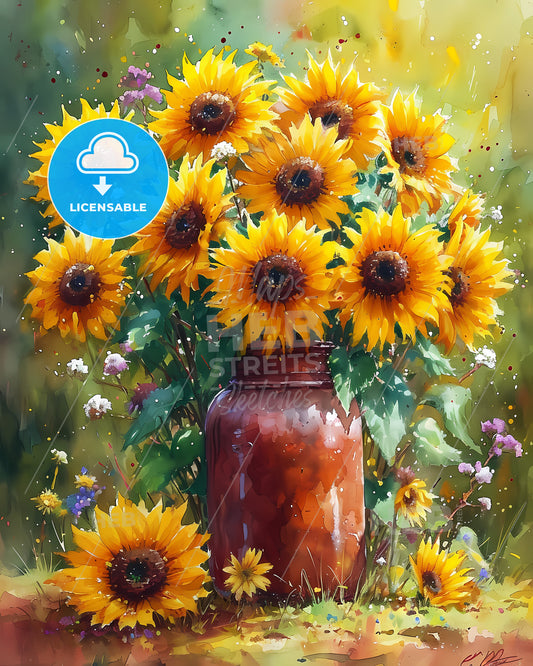 A Vibrant Bunch Of Sunflowers In A Vintage Jar - A Painting Of Sunflowers In A Vase