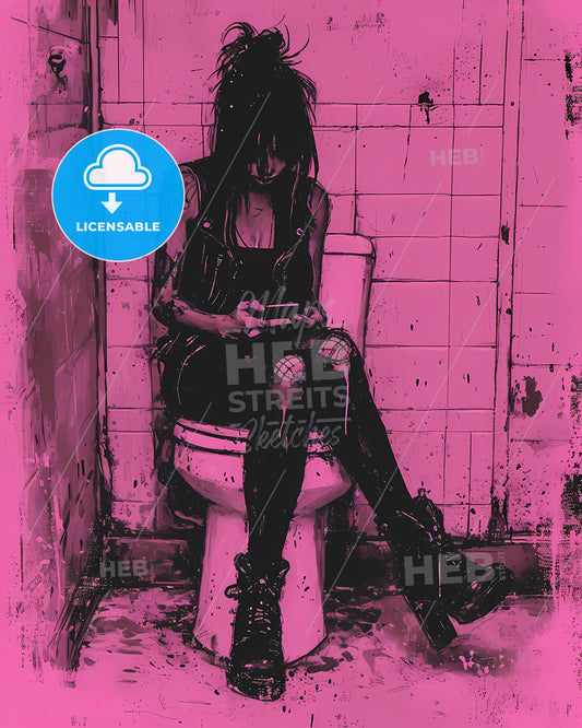 Woman Sits On Toilet And Looks At Her Phone - A Woman Sitting On A Toilet