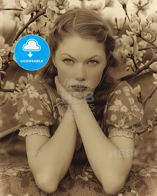 The Vintage Pin Up Girl Leaning On A Train - A Woman Sitting In Front Of A Flowering Tree