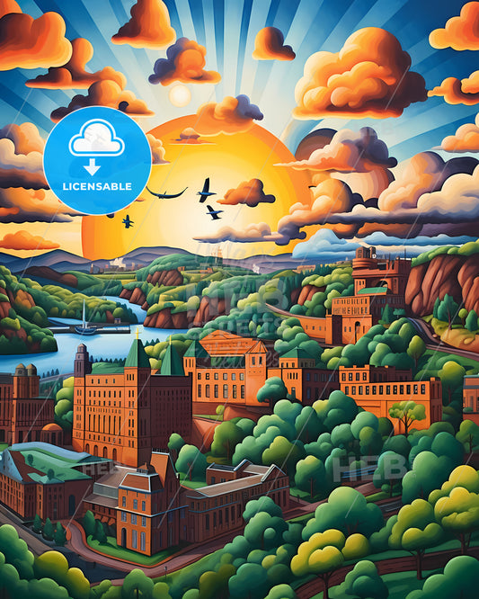 Gothenburg, Sweden, - A Painting Of A City With Trees And A River