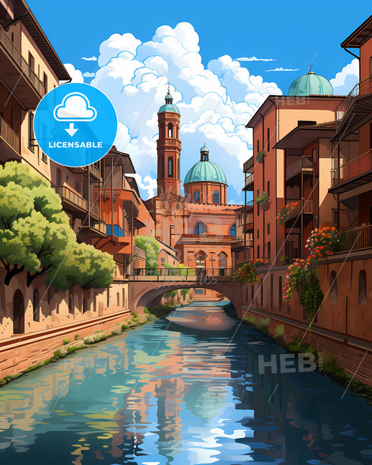 Bologna, Italy - A River With A Bridge Over A Building