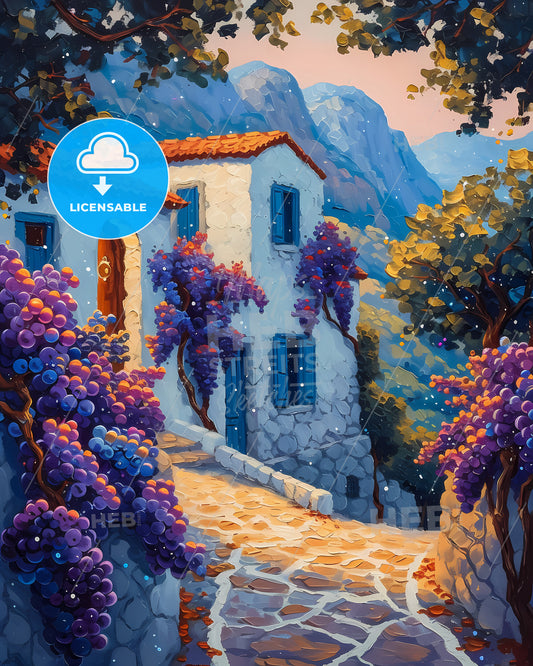 Crete, Greece - A Painting Of A House With Purple Flowers