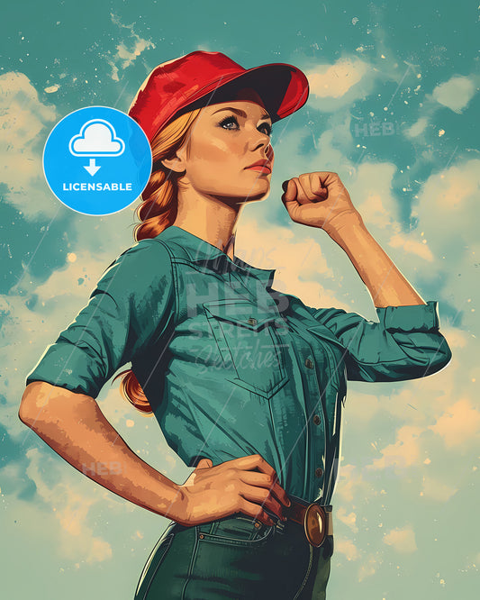 Illustration Of International Labor Day - A Woman Wearing A Red Hat And Blue Shirt