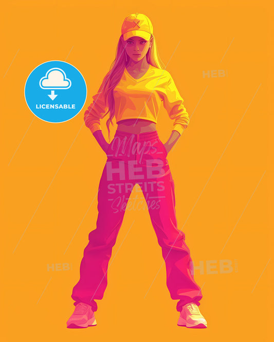 Vectorial Illustration Of Vintage Flames - A Woman In A Yellow Shirt And Pink Pants