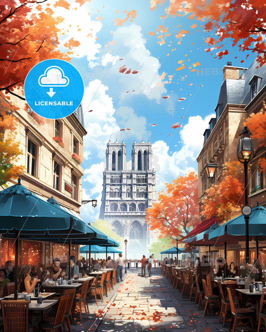 Paris, France - A Street With Tables And Umbrellas And People Sitting At Tables