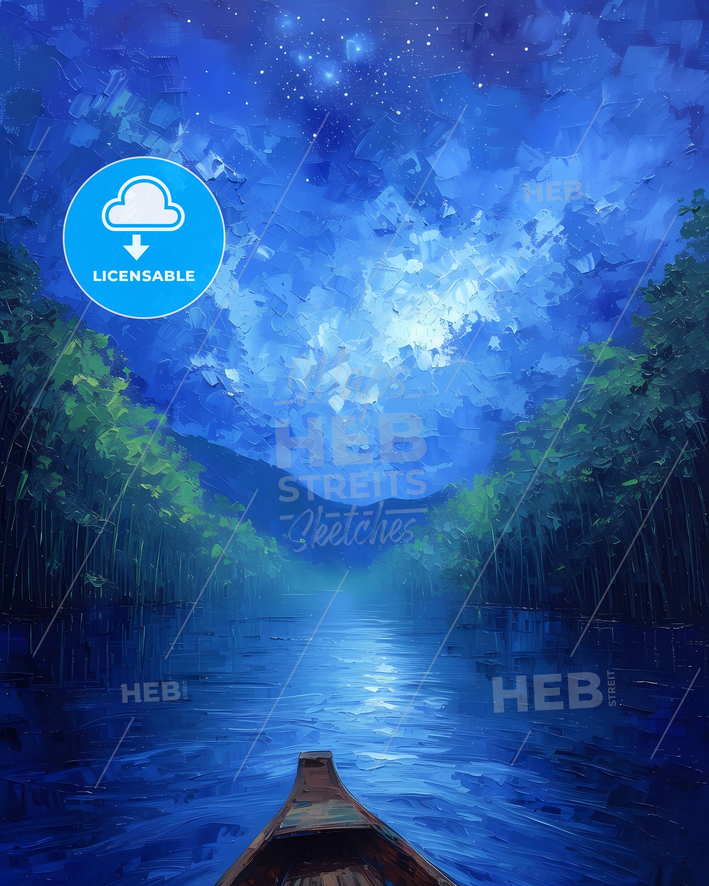 Katsura River, Japan - A Painting Of A River With Trees And Mountains In The Background