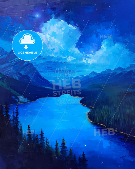 Peyto Lake, Canada - A Painting Of A River Surrounded By Mountains