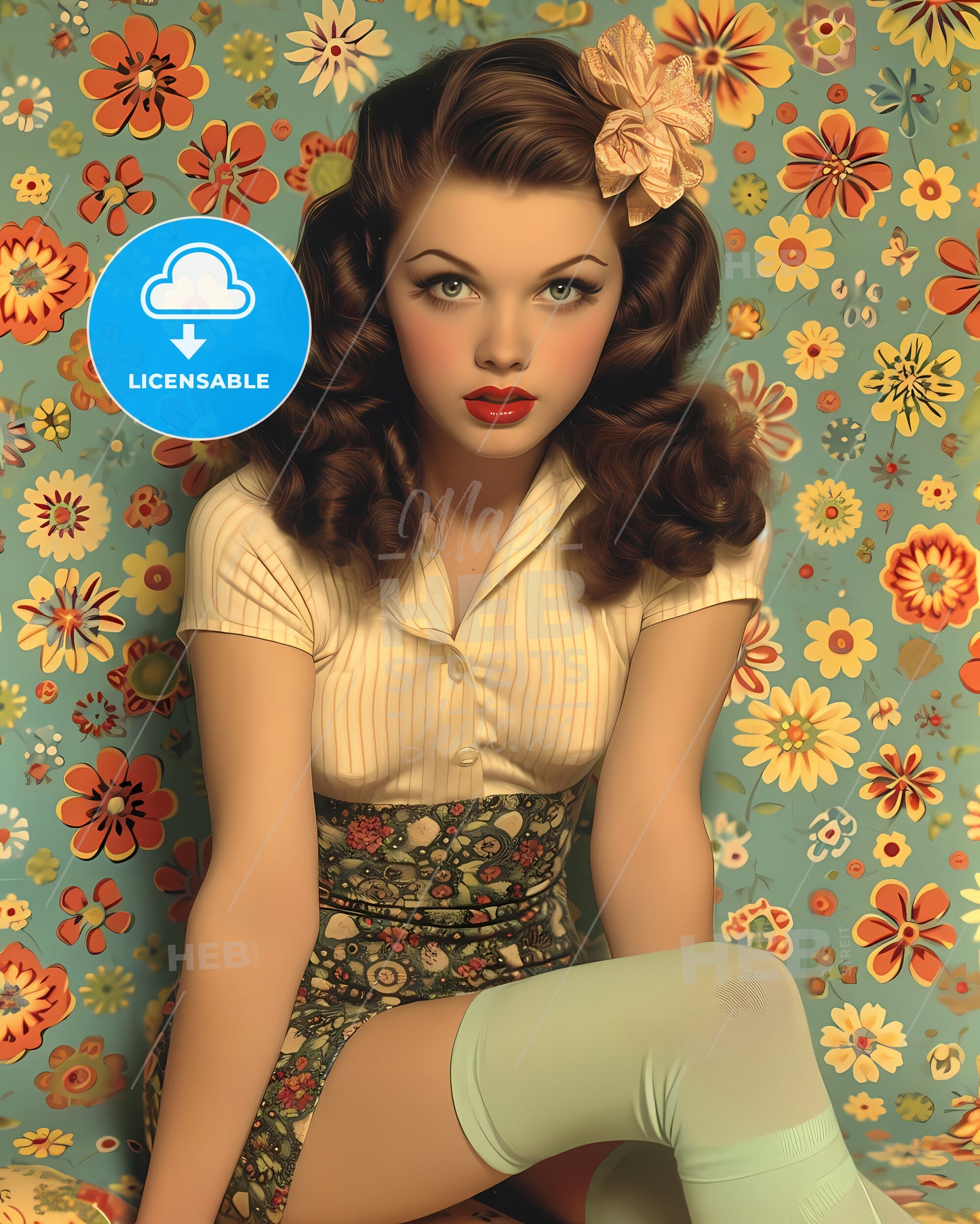 Poster Of A Pin Up With White Background - A Woman With A Flower In Her Hair