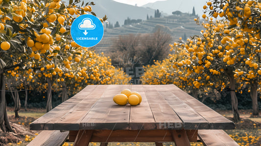 Blank Wooden Table Set Against A Backdrop Of Vibrant Orange Trees - A Group Of Lemons On A Wooden Table