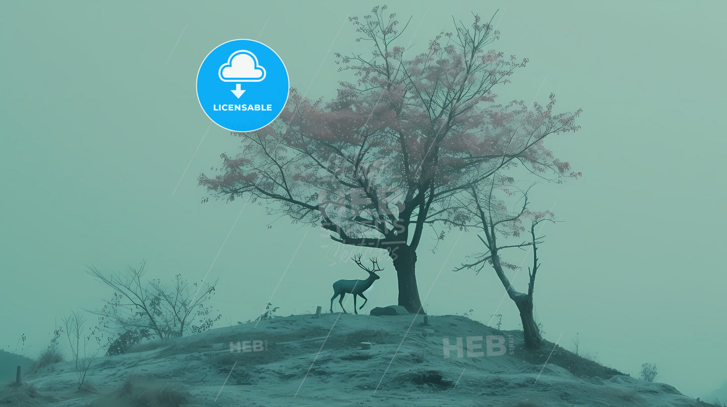 A Animal Runs On The Hill Side, In The Style Of Japanese Minimalism - A Deer Standing On A Hill With A Tree In The Background