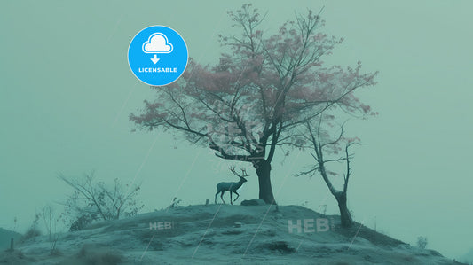 A Animal Runs On The Hill Side, In The Style Of Japanese Minimalism - A Deer Standing On A Hill With A Tree In The Background
